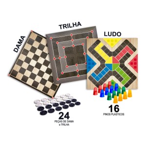 JOGO DE TABULEIRO 3 EM 1 LUDO DAMA E TRILHA PAIS & FILHOS