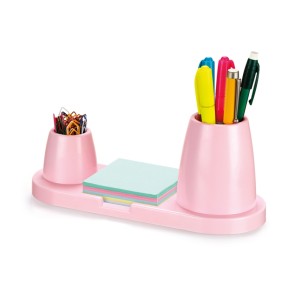 ORGANIZADOR DE MESA COM PORTA LÁPIS, CANETA E CLIPS ROSA PASTEL MAXCRIL WALEU
