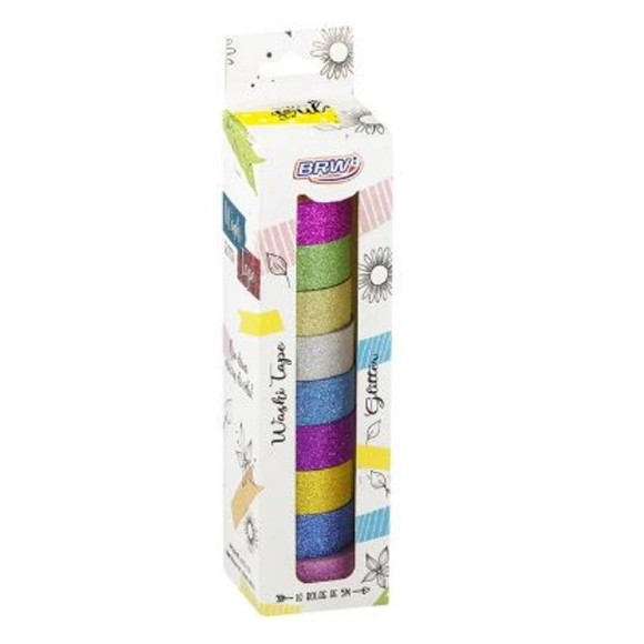 FITA ADESIVA WASHI TAPE COM GLITER REF.WT1001 5M 10 ROLOS BRW