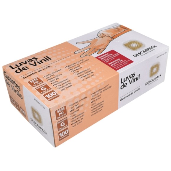 LUVA DE VINIL DESCARTÁVEL G SEM PÓ 100 UNIDADES DESCARPACK
