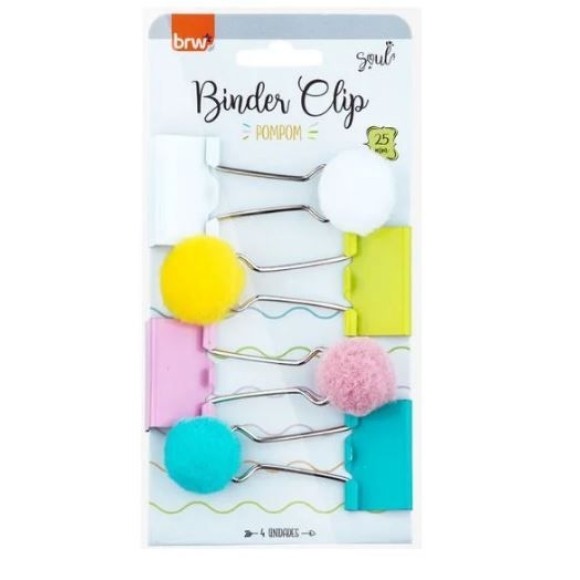 BINDER CLIPS 25MM POMPOM C/4 UNIDADES BRW